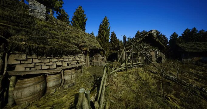 close textured weathered fence with wild growth, splintered timber and tangled vines with sunlit grasses creating tactile rustic composition against deep blue