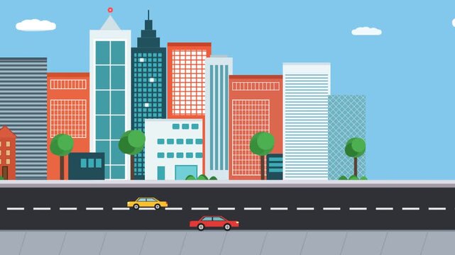 Animated vector city street with cars driving past modern skyscrapers