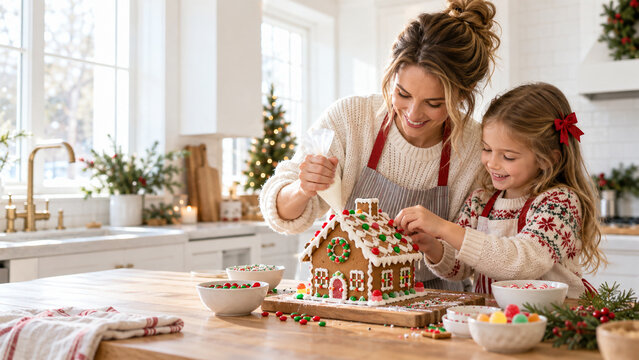 Happy mother and young daughter decorating a Christmas gingerbread house together with white icing and colorful candies in a bright festive kitchen, family holiday baking tradition
