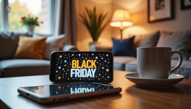 Black Friday sale text on smartphone screen with coffee in living room  