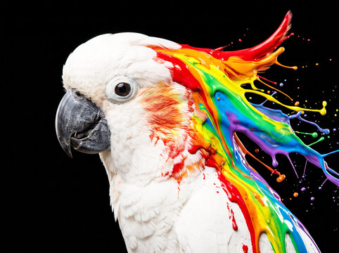Colorful paint splash effect on a cockatoo portrait with vibrant hues and artistic expression