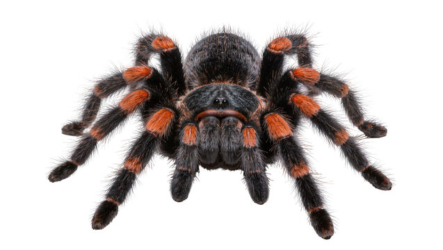 Mexican redknee tarantula with black and orange banded legs, isolated on transparent background