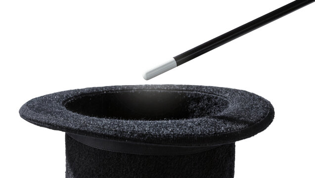 Black felt top hat with magic wand hovering above, isolated on transparent background