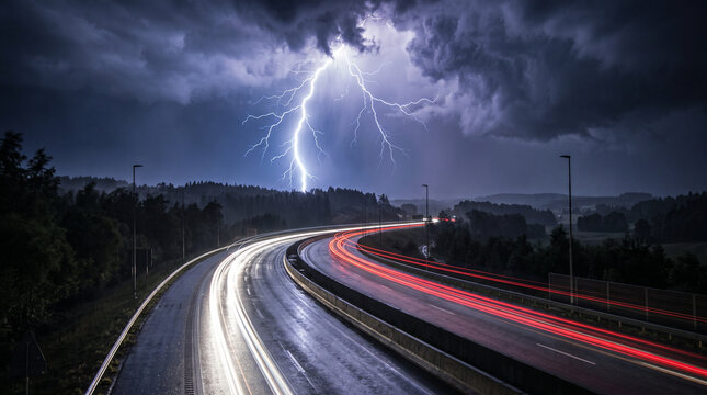 Lightning Storm Over Highway With Red and White Light Trails on Wet Road, Dramatic Night Sky