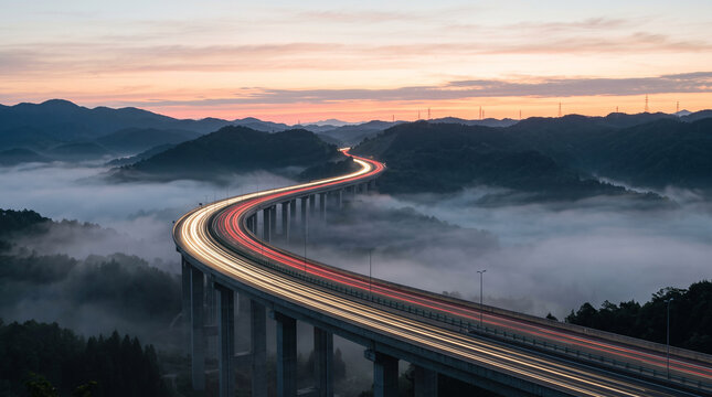 Sunrise Highway Viaduct With Red and White Light Trails Over Misty Valley, Pink Peach Morning Sky