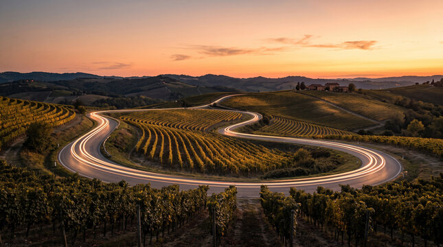 Amber Light Trails on Curving Road Through Rolling Vineyard Hills at Golden Hour, Grapevine Rows