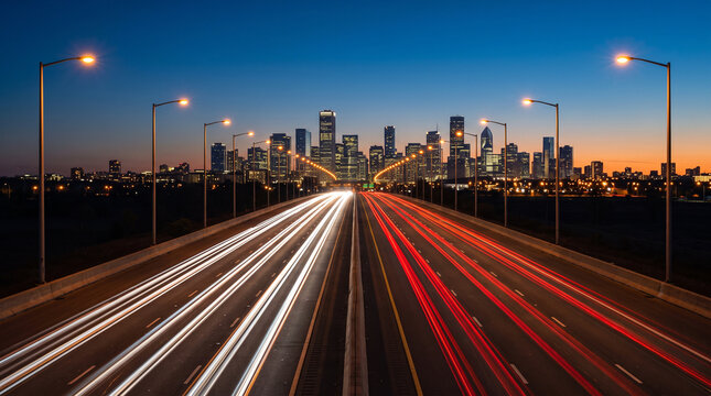 Symmetrical Highway Light Trails Leading to Glowing City on Horizon at Blue Hour, Telephoto View