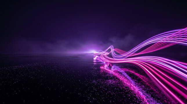 Abstract Magenta and Violet Light Ribbons Flowing Toward Glowing Horizon on Reflective Dark Surface