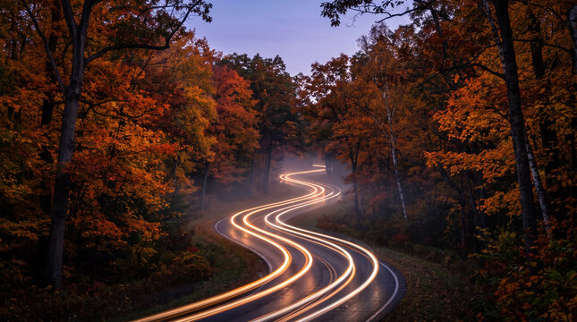 Amber Light Trails on Winding Road Through Autumn Forest at Twilight With Colorful Fall Foliage