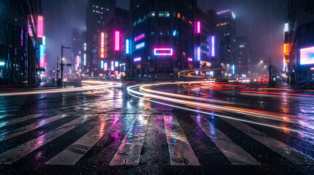 Rainy City Street at Night With Neon Pink and Blue Light Streaks Reflecting on Wet Asphalt