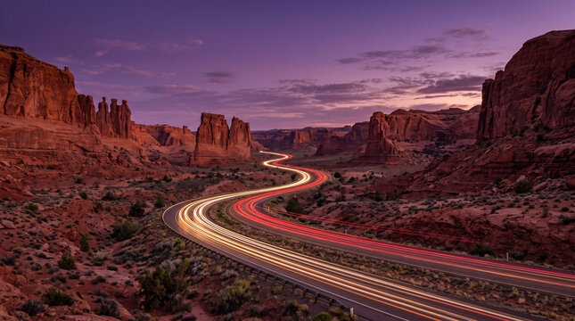 Red Rock Canyon Highway With Light Trails at Sunset, Sandstone Buttes and Magenta Sky Long Exposure