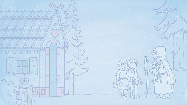 Wintery background drawing with Hansel and Gretel and gingerbread house