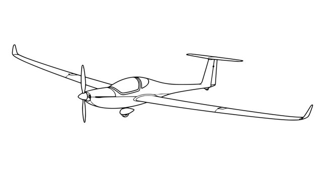 Touring motor glider airplane with long slender wings and front propeller shown as a black outline vector icon for soaring aviation, light sport flight, aeronautics, and pilot training