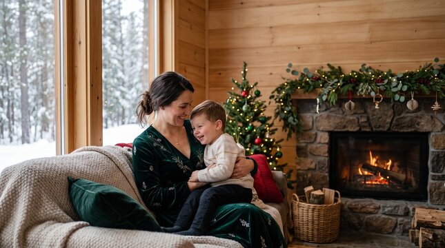 Mother and son enjoying Christmas by a cozy fireplace in winter cabin