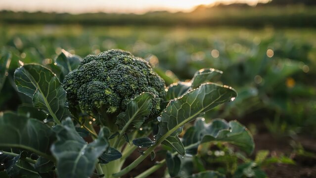 Close-up of fresh green broccoli head glistening with dew drops in a field during sunrise, showcasing healthy produce.