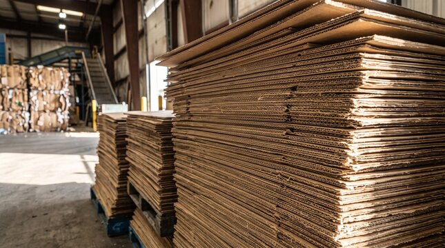 Stacks of pressed recycled cardboard in an eco-friendly facility  
