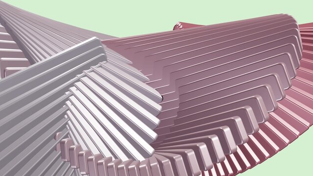 Abstract 3D metallic pink and silver interlocking spiral fans, metallic texture, interlocking shapes