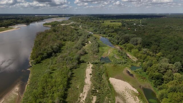 The Vistula River in summer, drone footage.