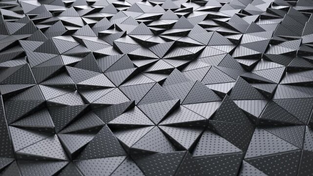 Abstract 3D rendering seamless loop of moving black perforated metal triangular tiles background, modern futuristic geometric pattern motion design animation.