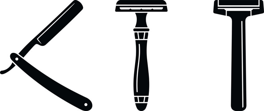 Shaving razor silhouette collection set with classic straight razor safety razor and disposable razor vector illustration