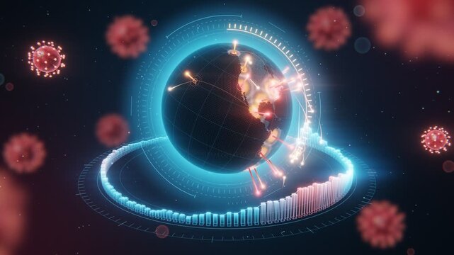 3D rotating Earth globe showing global disease virus outbreak and rising infection statistics in 4K