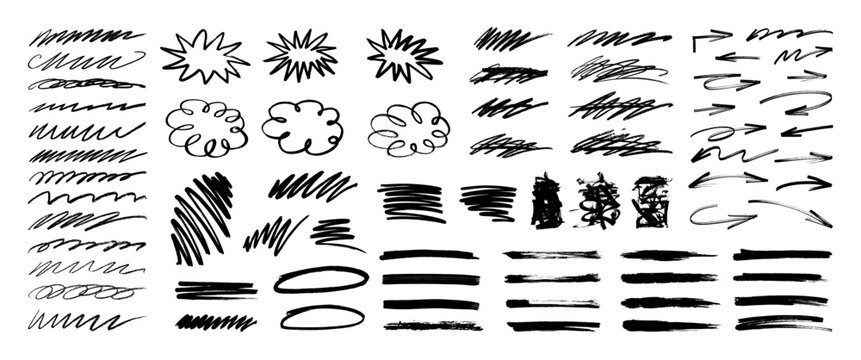 Expressive hand drawn scribble elements and black ink paint brush strokes. Grunge set - pencil hatching, brush strokes, underlines, arrows, explosion bursts, highlighters, marker lines. Vector set