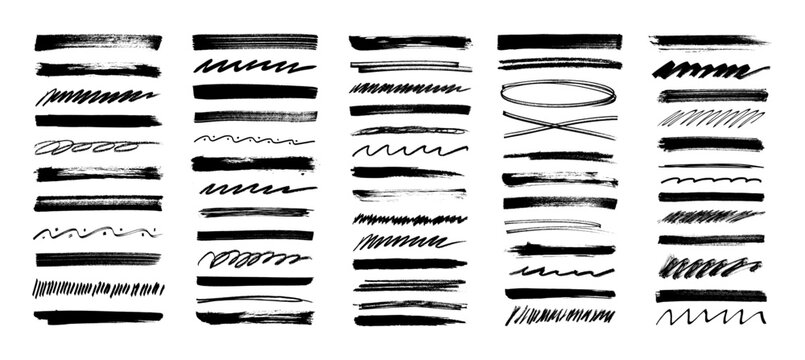 Ink paintbrush strokes and highlights, marker underline, pencil scribbles, wavy lines, hatching, oval frames. Grunge set. Hand drawn marker highlighter lines and paint brush strokes. Vector collection