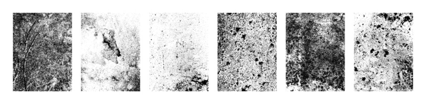 Grunge distressed textures for overlay for background. Six grunge stamps with distressed concrete walls with dust, noise, grain, cracks, scratches effects. Overlay textures stamps for backdrop. Vector