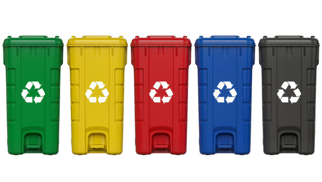 Five colorful recycling bins with white recycle symbols, isolated on transparent background