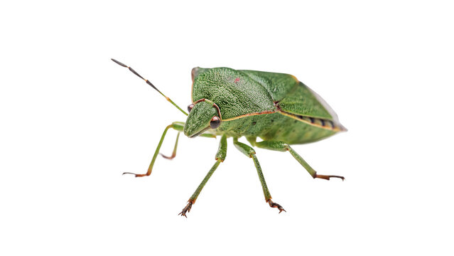 Green shield bug or stink bug insect with detailed shell texture isolated on transparent background.