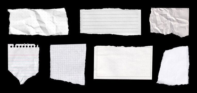 Ripped paper sheets with blank wrinkled notebook pages, crumpled white realistic textures, torn cardboard edges. Torn paper pieces, crumpled sheets and notebook pages. Scanned template for design
