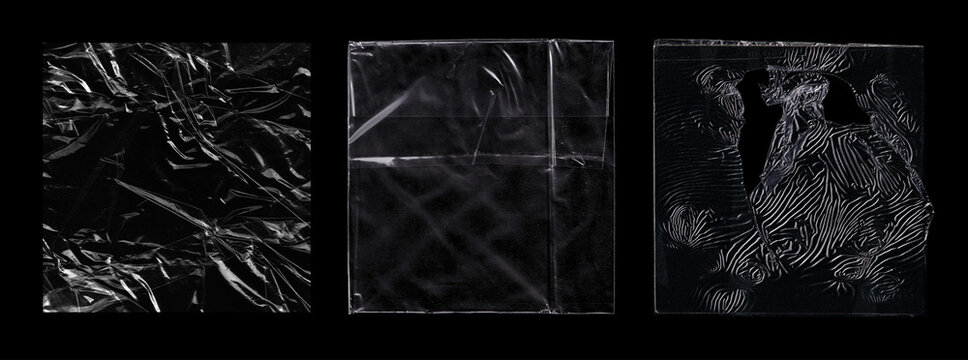 Wrinkled plastic wrap for album cover cd, vinyl. Crumpled transparent plastic wrap overlay textures on black background. Wrinkled cellophane film, packaging bag, empty mockups for album covers. 
