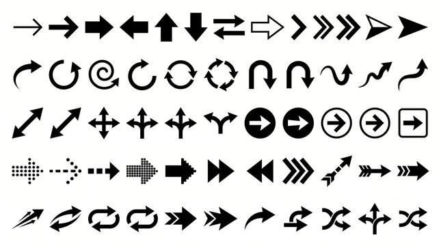 A high-resolution vector clipart collection featuring dozens of different black arrows arranged in five neat horizontal rows on a pure white background. The collection includes bold right-pointing arr