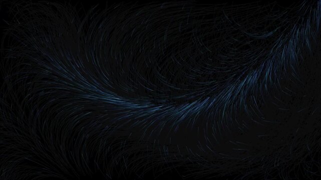 Abstract glowing blue and purple fibers flowing on black background