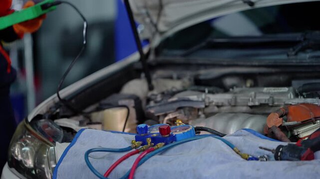 Technician holds a green diagnostic scanner beside the open hood of a white car with AC manifold gauges and hoses on a fender cover, focus pulling to the engine bay