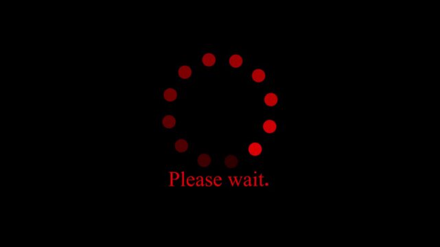 Red loading spinner with please wait text animation on black background, progress buffering waiting
