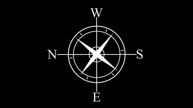 Animated compass rose rotating on black background, minimalist navigation symbol for travel, mapping, and directional projects