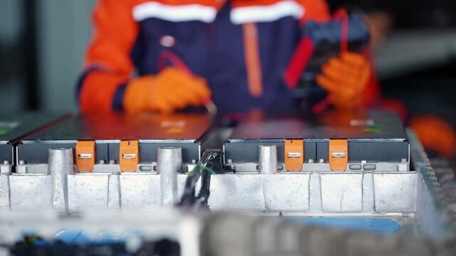Gloved technician probes the cells of an electric vehicle battery pack with a multimeter on a steel stand, then focus racks off as a female colleague in orange coveralls steps in