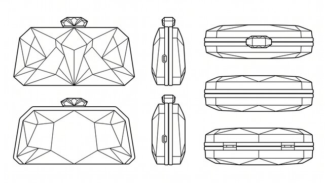 Geometric Faceted Clutch Bag Technical Drawing - Orthographic Views of Fashion Handbag Vector Line Art Illustration