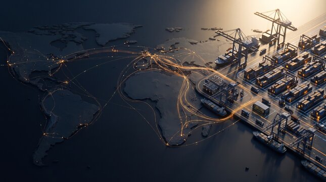 Aerial view of industrial crane near sunset
