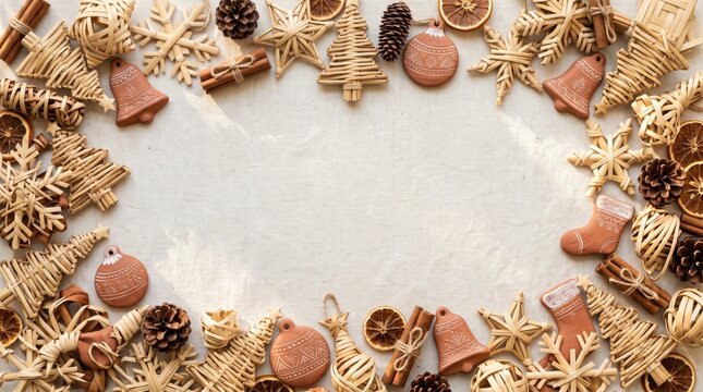 Flat lay of assorted crystals and dried flowers arranged in a circular frame on white