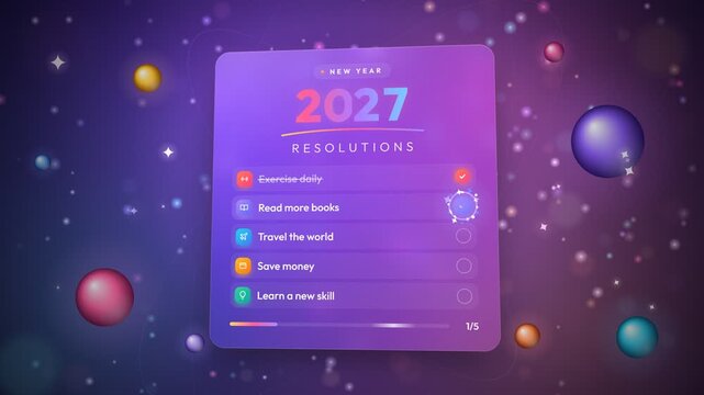 New Years resolutions list 2027 glassmorphism checklist goals checked off with confetti and fireworks