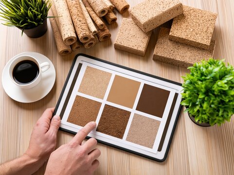A person selects a material sample from a digital color palette on a tablet.