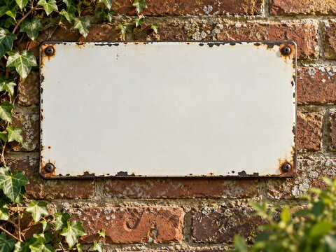 blank white metal sign on red brick wall with green ivy. vintage empty plaque mockup for text, logo, house number. outdoor signboard, architecture design