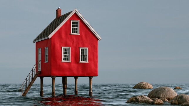Red house on hydraulic stilts rising above ocean water and rocks, flood resistant house, climate adaptation tech