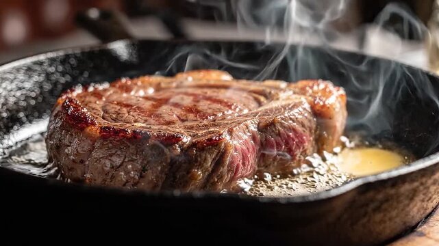 Juicy beef ribeye steak sizzling in a hot cast-iron skillet with melting butter and rising steam. Perfect for cooking videos, food commercials, and restaurant menus.