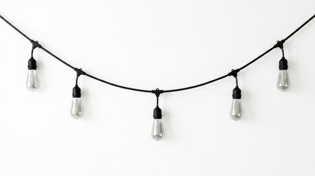 String lights with vintage edison bulbs hanging against a clean white wall creating a festive atmosphere