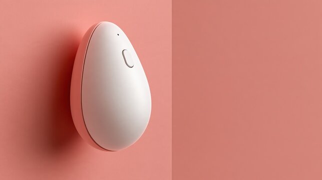 White egg shaped pelvic floor training device with a button on a coral pink wall, app connected femtech