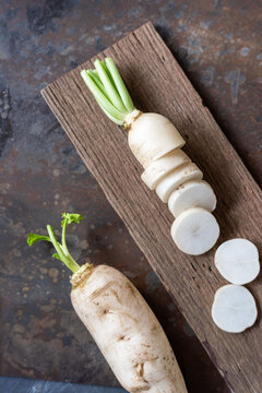 Fresh sliced daikon radish display