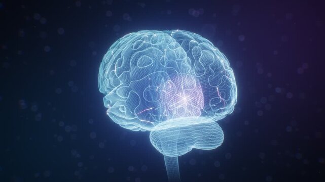 3D Rotating Wireframe Human Brain Hologram With Glowing Neural Activity Waves